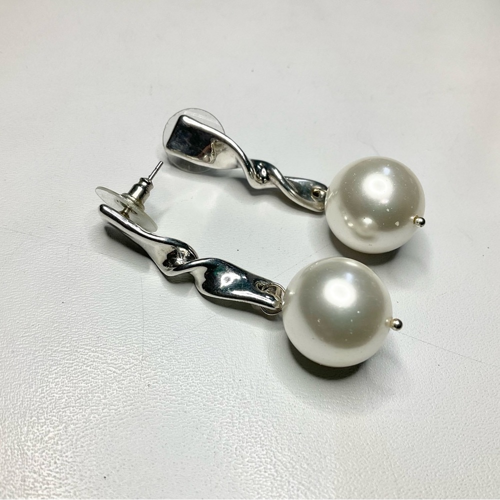 Sterling Silver Israel Electroform Faux Pearl Drop Earrings